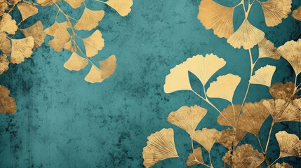 Ginkgo biloba leaves on grunge blue background. 