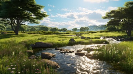 Obrazy na Plexi  tree meadow brook gentle illustration landscape spring, water summer, verdant green tree meadow brook gentle
