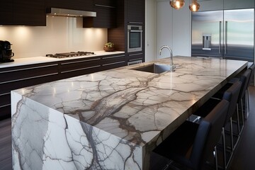 Design with stone quartz countertop and slab in kitchen decoration. Generative AI - obrazy, fototapety, plakaty