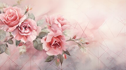  a painting of three pink roses on a pink and white background.  generative ai