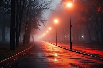 Foggy alley in the city park at night with street lamps, An empty illuminated country asphalt road through the trees and village in a fog on a rainy autumn day, AI Generated