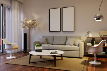 Frame mockup in contemporary minimalist living room interior, 3d render