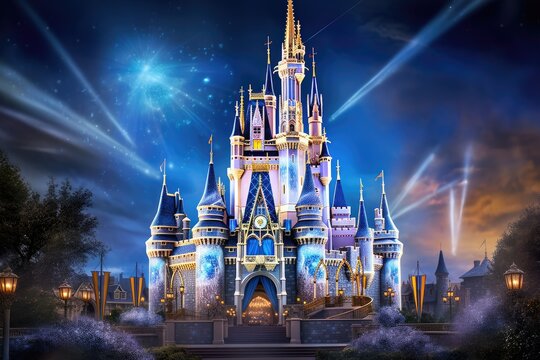 Magical Castle in Magic Kingdom, perched upon a magical hill, surrounded by a spectacular array of towering spires and enchanting fairies, AI Generated