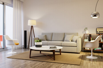 Frame mockup in contemporary minimalist living room interior, 3d render