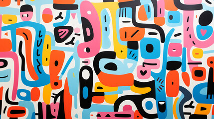 Whimsical doodles burst forth in a riot of vibrant colors. Playful geometric shapes intertwine, evoking a nostalgic yet fresh energy. A spirited canvas, perfect for youthful exuber