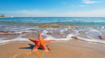 A lone starfish, radiant in hues of orange and red, graces the sandy beach. Its limbs outstretched like a celestial body, it seems to yearn for the distant horizon. Against the gol - obrazy, fototapety, plakaty