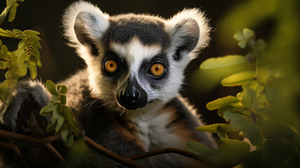 Fototapeta premium A ring-tailed lemur perches in the verdant canopy, its wide eyes and distinctive facial markings capturing a moment of contemplation. The lush leaves form a soft, blurred backdrop,
