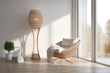 Minimal Modern Neutral Interior Space with White and Rattan Accent Chair with Floor Lamp and Copyspace