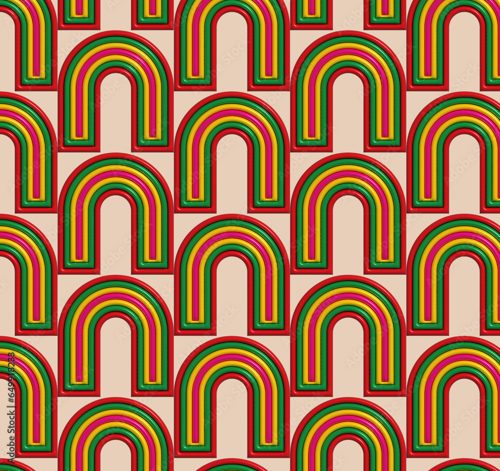 Poster pattern of multi-colored arch shapes with inflated elements on a beige background