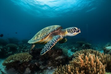 Naklejka na ściany i meble an underwater scene featuring a turtle diving. Generative AI
