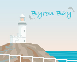 Byron Bay in New South Wales, Australia. Cape Byron Lighthouse. Maritime landscape, minimalist travel and tourism concept with copy space. Hand drawn vector eps.