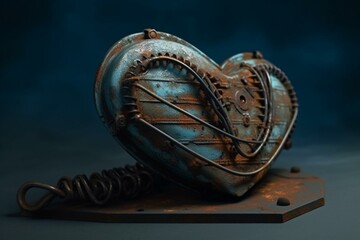 Rusty machine heart on blue with iron cables, retro symbol of love sculpture for Valentine's Day. Generative AI