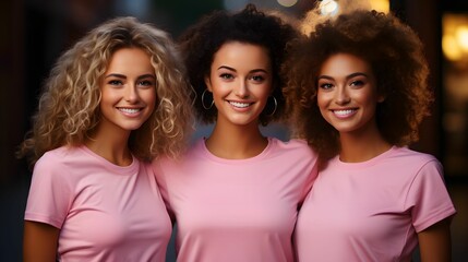 Portrait of a group of enthusiastic woman, wearing pink t-shirts, in support of the to raise awareness for breast cancer