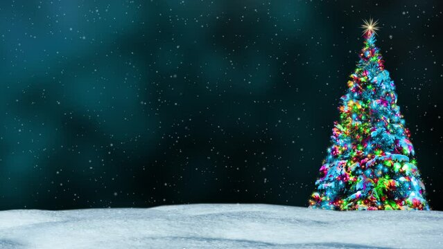 Snow-covered Christmas tree with colorful lights and shining star in a snowy winter landscape. Loop