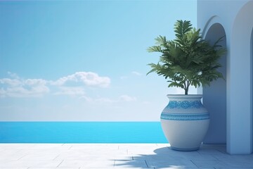 white_doorway_beside_a_blue_planter_by_the_sea