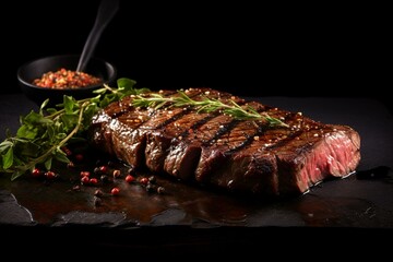 Brazilian barbecued picanha steak on black background. Generative AI