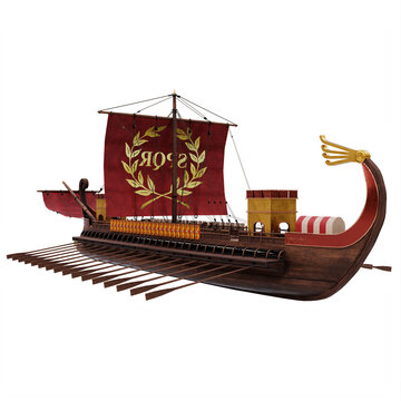 red sail roman warship on white