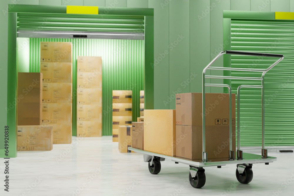 Poster storage unit with boxes. cargo trolley with parcels. storage unit with green roller shutters. storag