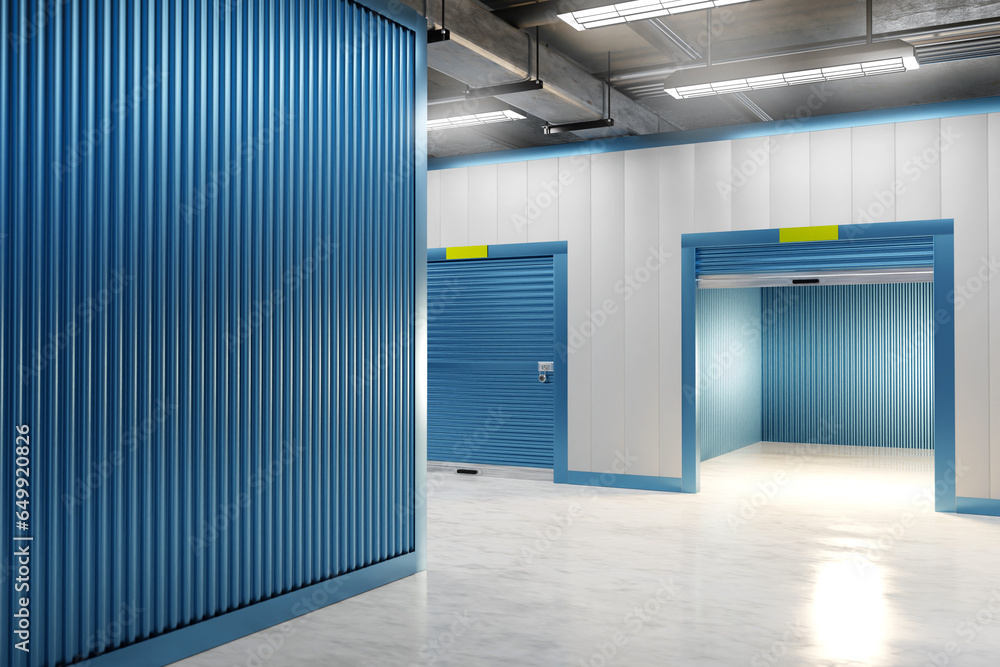 Poster warehouse interior. storehouse with private rooms. gate to storage unit is open. rent of premises fo