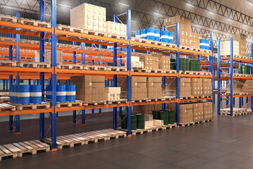 Warehouse industrial enterprise. Factory storage area. Warehouse shelving with barrels and boxes. Storage with pallet shelves. Modern industrial warehouse. Concept for renting storage space. 3d image