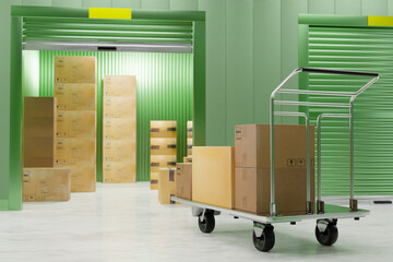 Storage unit with boxes. Cargo trolley with parcels. Storage unit with green roller shutters....