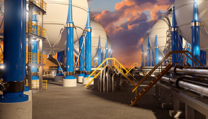 Industrial zone. Sunset over factory. Spherical high pressure tanks. BPVC at chemical plant....