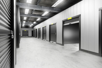 Empty building with storage rooms. Warehouse corridors with gates to units. Storage rooms for...