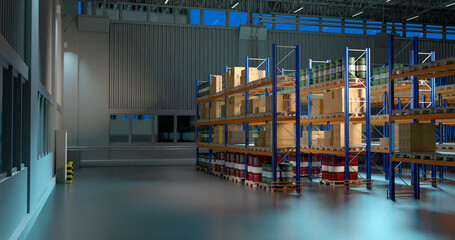 Interior of warehouse inside factory. Place for storing finished products. Shelves with boxes inside hangar. Pallets with barrels are stored in warehouse. Storehouse in factory building. 3d image