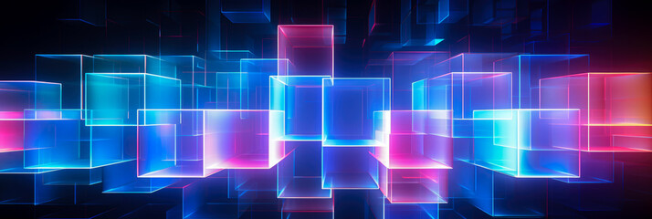 Futuristic abstract background with neon glowing squares. banner
