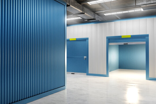 Warehouse interior. Storehouse with private rooms. Gate to storage unit is open. Rent of premises for storage. Warehouse visualization. Storage unit inside building. Place for safekeeping. 3d image