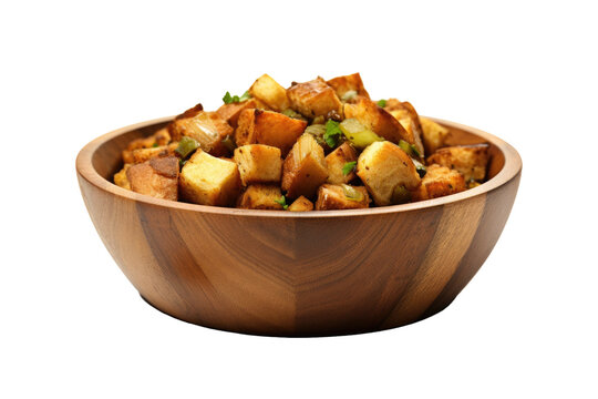 A Wooden Bowl Of Thanksgiving Day Stuffing /Dressing Isolated On A Transparent Background