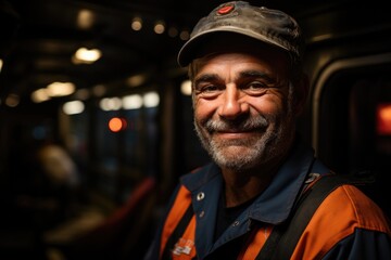 Train driver portrait. Elderly bearded European man smiles in a train cabin - obrazy, fototapety, plakaty