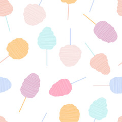 Flat vector seamless cartoon pattern with cotton candy. Sweet street food for kids and adults. Isolated design for printing on a white background.