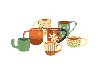 Flat vector set of ceramic cups. A composition of mugs of various shapes, colors and designs. Isolated drawing on a white background.