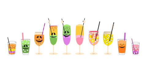Flat vector cartoon cocktails for Halloween. Party drinks with various additives and ingredients. Isolated design for printing on a white background.
