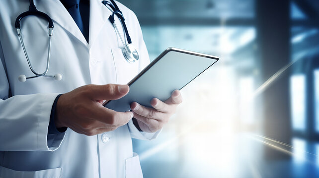 Healthcare Professional Reviewing Digital Data on Tablet in Hospital Corridor