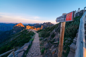 Pico do Arieiro to Pico Ruivo trail PR 1 in Madeira. Hiking in Madeira island in Portugal - 649922213