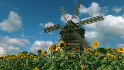An old wooden mill among a field with sunflowers against a background of blue sky with clouds. Peaceful rural landscape. Photorealistic 3D illustration.