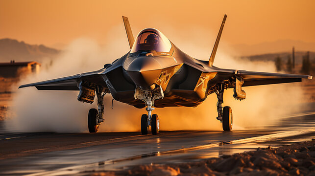 A Lockheed Martin F-35 Fighter Jet takes off of a runway - generative AI.
