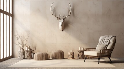  a room with a chair and a deer head on the wall.  generative ai