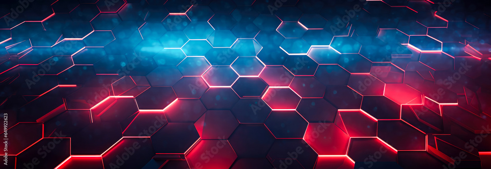 Poster Abstract technology background with hexagons and glowing lights.
