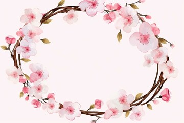 Watercolor cherry blossom circle frame on transparent background. Generative AI