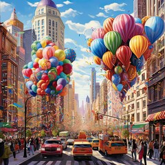 Cityscape Celebration with Giant Bouquets of Balloons and Bustling Traffic - obrazy, fototapety, plakaty