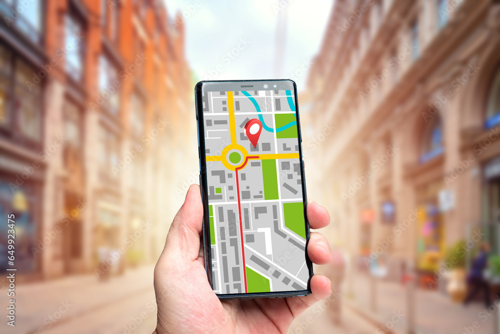 Poster city map on phone. mobile application for navigation. smartphone with card in man hand. gps applicat