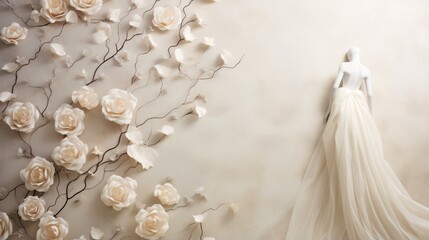  a white wedding dress with white flowers on a white wall.  generative ai