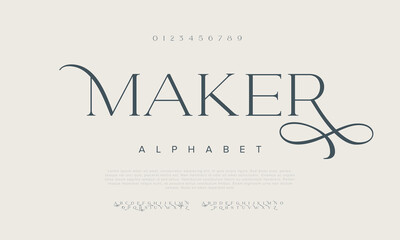 Maker Elegant Font Uppercase Lowercase and Number. Classic Lettering Minimal Fashion Designs. Typography modern serif fonts regular decorative vintage concept. vector illustration