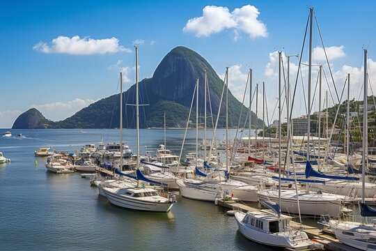 Scenic marina with ships and yachts, Guanabara Bay, and iconic Sugarloaf Mountain in the distance, Rio de Janeiro, Brazil. Generative AI