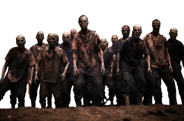 group of zombies. horde of living dead zombies. transparent PNG background. on a dirt hill. pile of dirt. 