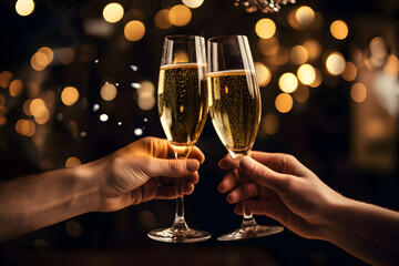 Hands of young couple holding champagne glasses on festive gold glowing bokeh background. Celebration background with sparkling wine.
