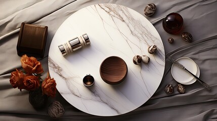 Curate a tableau where African silk meets the ageless beauty of Statuario marble. Play with a chestnut brown and alabaster white color palette.